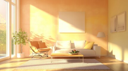 Sunny living room interior, calm ambiance, modern design