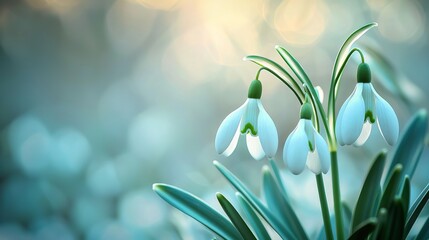 Fototapeta premium Elegant Snowdrop Flowers Blooming in Soft Nature Background