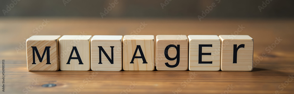 Poster Wooden Blocks With Business Icons On A Wooden Table Create A Simple Yet Effective Visual Representation Of Management Concepts.