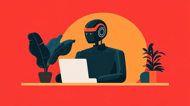 AI Robot Working on Task Completion in Modern Office Space with Plants and Bright Background