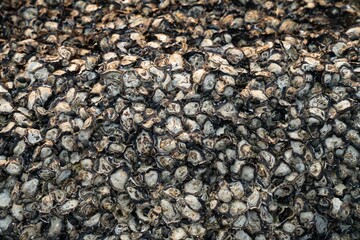 Close-up texture of stone wall pile of stones and pebbles