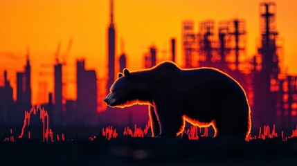 Stock trendlines breaking through a fiery bear downtrend silhouette, close up, focus on powerful market movements, realistic, blend mode, backdrop of industrial cityscapes