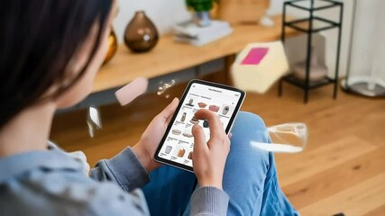 Woman browsing online store on tablet with floating AR icons showing products and interface elements