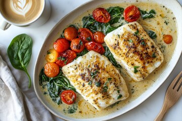 Seafood and Culinary Delight. Fresh fish fillets served with spinach and cherry tomatoes in a creamy sauce.