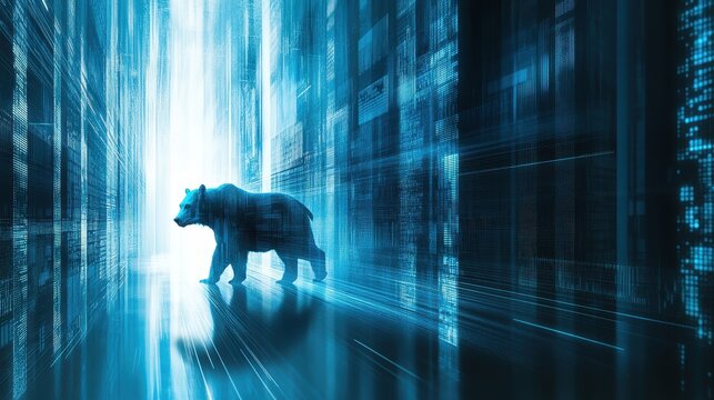 Glowing blue data streams wrapping around a running bear downtrend, close up, focus on futuristic trading systems, futuristic, overlay, backdrop of a hightech trading hall - Powered by Adobe