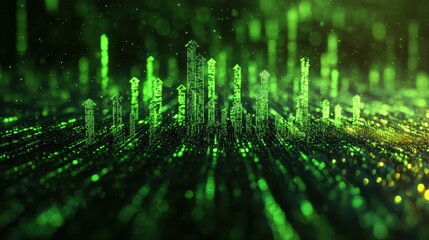 Dynamic upward green arrows blending into a digital bear downtrend form