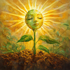Illustration of a Green Plant with a Human-like Face Growing from the Soil Surrounded by Sunlight