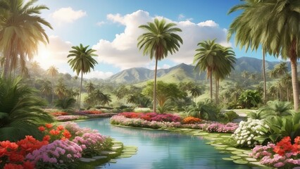 A serene landscape featuring a tranquil pond surrounded by lush greenery and palm trees.