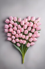 Soft Pink Tulips Forming a Heart Shape on a Gray Background - Romantic Spring Floral Arrangement