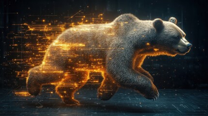 Abstract golden bear downtrend running through streams of data, close up, focus on rapid innovation, whimsical, composite, backdrop of a vibrant global map