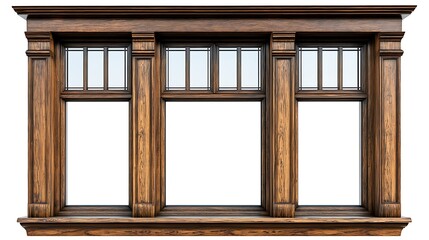 Antique Wooden Window Frame with Glass Panes and White Background, architectural details.