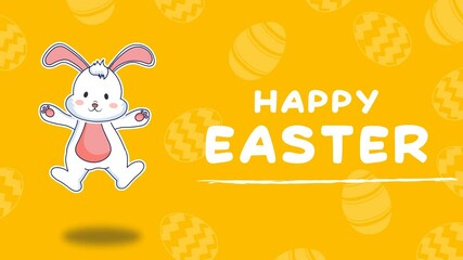 A cheerful Easter-themed animation featuring a cute bunny hopping joyfully on a vibrant yellow background with patterned Easter eggs floating around. The text "Happy Easter" appears dynamically.