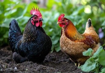 Fototapeta premium Rooster and Hen in Chicken Coop