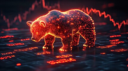 Glowing data streams forming a charging bear downtrend, copy space, focus on digital market revolution, ethereal, double exposure, backdrop of binary code animations