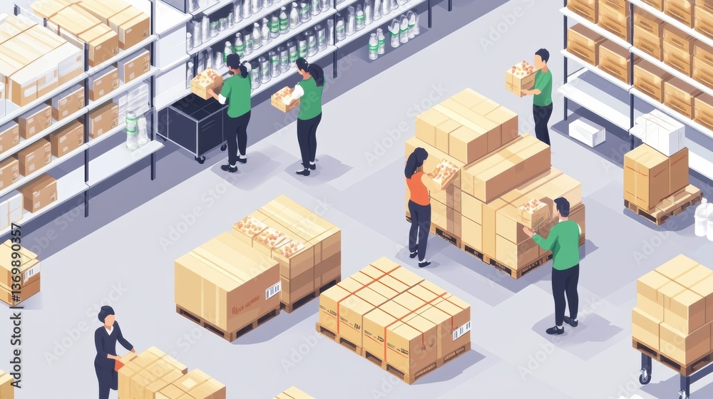 Aufkleber busy warehouse environment with workers packing grocery orders in modern art style generative ai