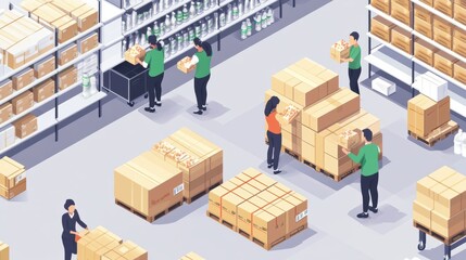 Busy warehouse environment with workers packing grocery orders in modern art style Generative AI