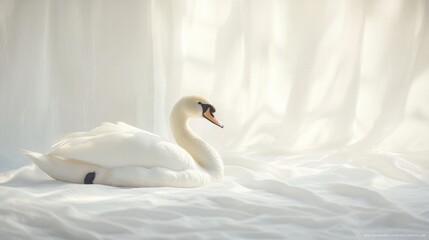 Serene White Swan Relaxing Gracefully on Soft White Fabric Under Gentle Natural Light During Calm Afternoon, Symbol of Beauty and Tranquility