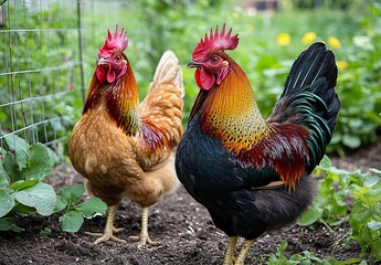 Fototapeta premium Rooster and Hen in Chicken Coop