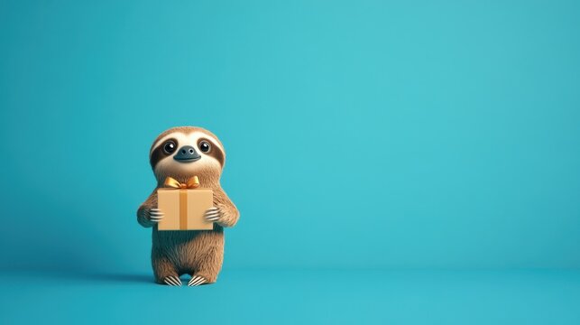 Cute sloth character holding gift box on blue background, perfect for festive themes and cheerful illustrations, ideal for greeting cards and social media posts