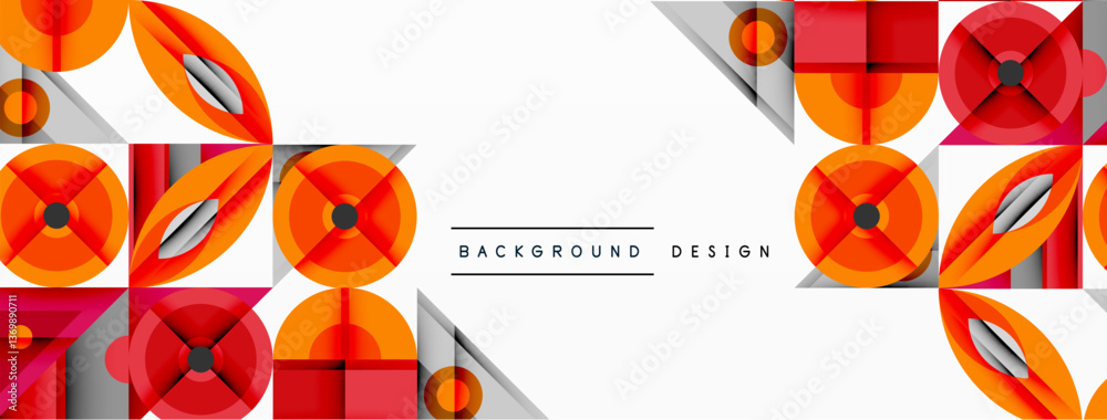 Fototapete Geometric abstract composition with intersecting shapes, circles, triangles, and gradients, blending vibrant colors and dynamic contrasts to create a modern, futuristic visual design
