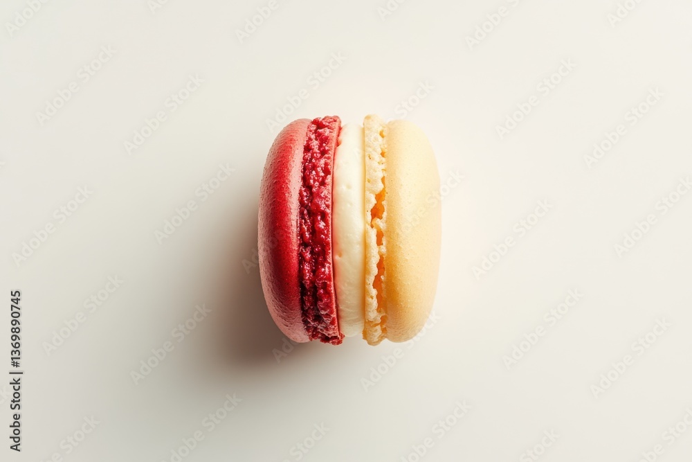 Poster Colorful macaron dessert displayed close-up with a red and cream shell in a neutral background, highlighting the confectionery art