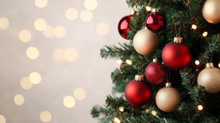 Obraz premium Beautifully Decorated Christmas Tree with Glowing Ornaments and Lights in Soft Focus Background