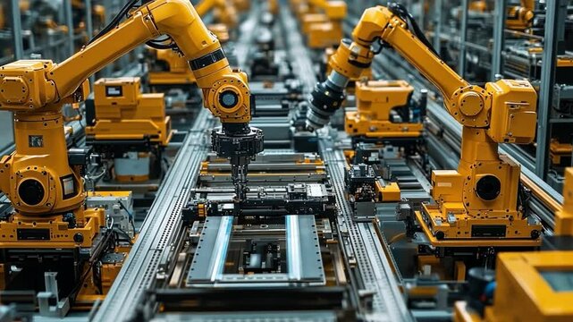 Robotics Assembly: The image offers a view into the world of manufacturing, featuring the work of collaborative robots. The image showcases the use of robotic arms in an automated assembly line.