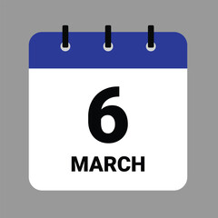 Vector illustration of a calendar icon showing dates and events. MARCH 6 Calendar Icon – Flat Design, Minimalist Date Illustration