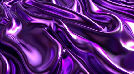 Abstract background with purple waves and iridescent liquid glass texture on dark surface