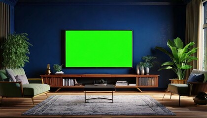 Stylish contemporary living room featuring a green screen TV on a deep blue background

