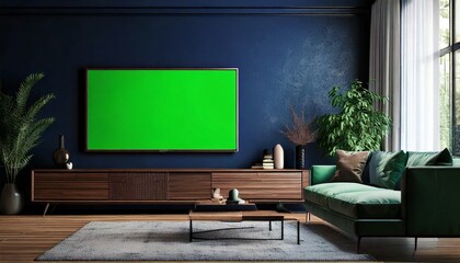 Stylish contemporary living room featuring a green screen TV on a deep blue background

