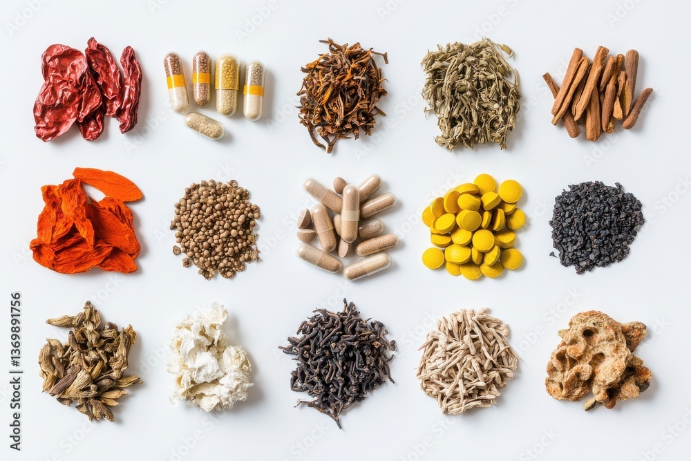Poster collection of various herbs, spices, and supplements arranged neatly on a light surface showcasing t