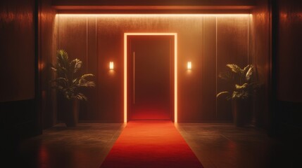 Entrance to a Luxurious Hallway with Red Carpet and Warm Lighting Featuring Potted Plants and Elegant Doorway in a Dimly Lit Room Setting