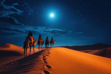 Camel Trekking and Night Landscapes. A group of travelers rides camels under a starry sky illuminated by the moon.