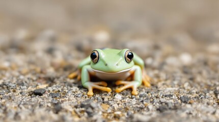 Obraz premium Green tree frog on gravel