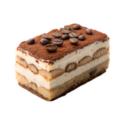 Delicious tiramisu dessert with coffee beans on top. white background