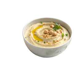 Delicious hummus served with warm pita bread. white background