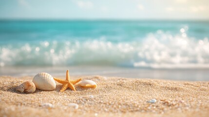 Obraz premium Tranquil beach scene showcasing seashells and starfish on sandy shore with gentle ocean waves in background during a sunny day