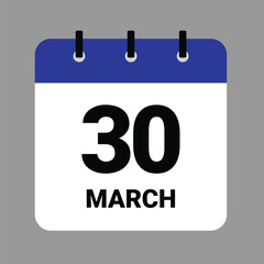 Vector illustration of a calendar icon showing dates and events. MARCH 30 Calendar Icon – Flat Design, Minimalist Date Illustration