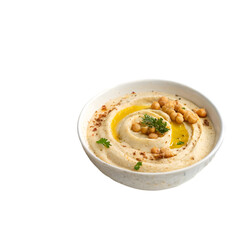 Delicious hummus served with warm pita bread. white background