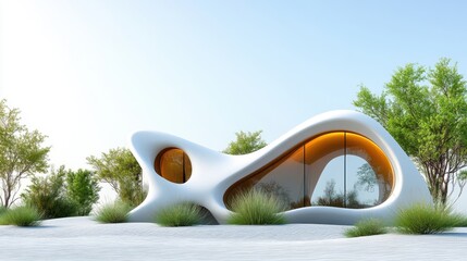 A tranquil, abstract desert scene with a hovering yellow arch structure made of two smaller arches. The sandy desert stretches out, with the vast sky above in brilliant blue.