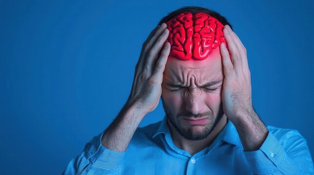 Man in Blue Shirt Holding Head with Red Brain Concept Visual
