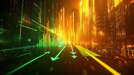 Radiant gold and green upward arrows glowing into a holographic bear downtrend