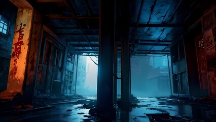 ゲーム背景　サイバーシティ廃墟の裏通りビルの崩壊した室内部屋屋内風景アニメ映画風