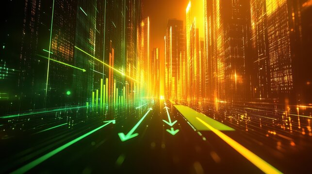Radiant gold and green upward arrows glowing into a holographic bear downtrend - Powered by Adobe