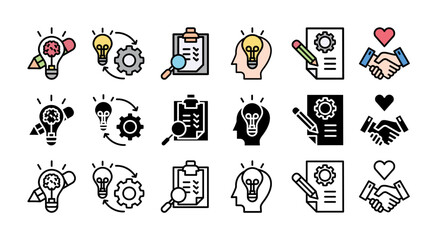 DESIGN THINKING.icon with multiple style inspiration, empathy, ideation, implementation, prototyping, and testing