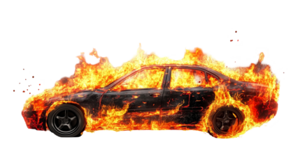 Burning Car Isolated on White and Transparent Background
