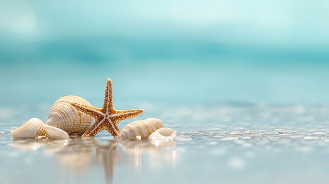 Close-up view of seashells and starfish on sandy beach with tranquil ocean background showcasing natural beauty and summertime relaxation