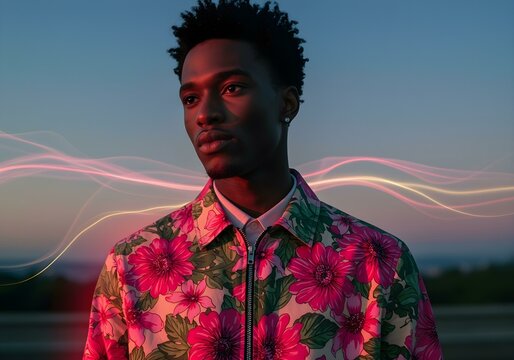 Stylish portrait of a man in floral jacket with neon light trails, modern digital fashion concept