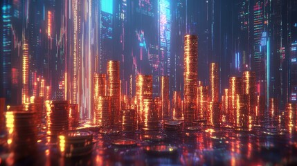 Shimmering golden coins stacked with rising stock charts, close up, focus on economic growth, ethereal, blend mode, backdrop of digital blue interface